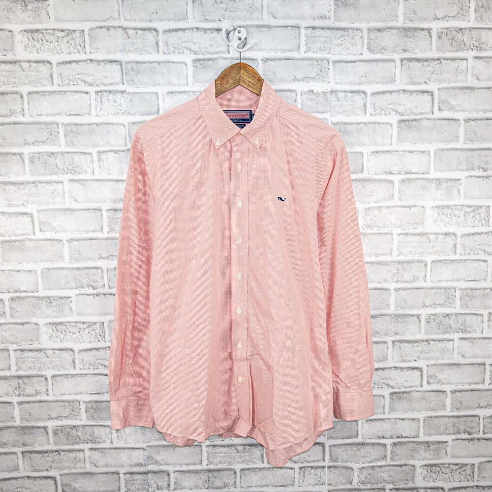 Vineyard Vines Men's Button Down Whale Shirt in Pink mini check cotton size M